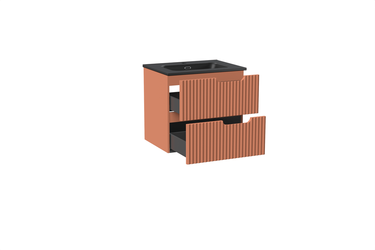 Linie Ribbo zwevend badkamermeubel 60 x 46 cm cotto met Baro enkele wastafel in porselein mat zwart, Verticale symmetrische ronde ribbel