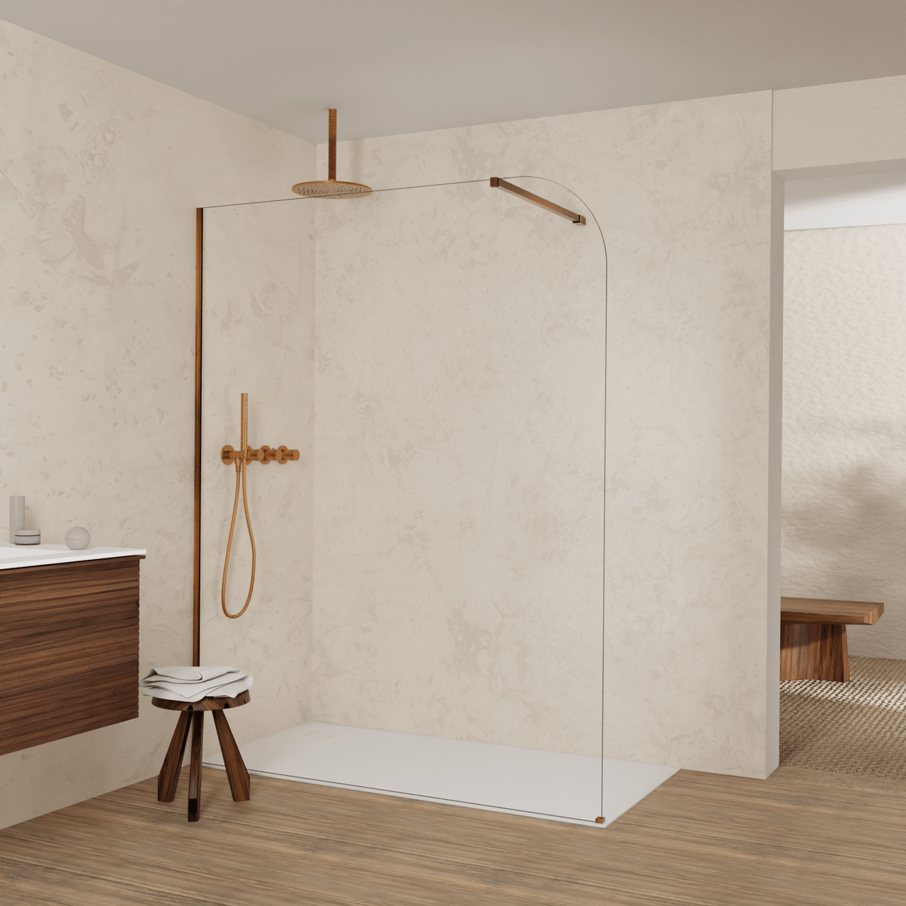Balmani Modular douche à l'italienne: 160 x 200 cm, Verre transparent arrondi, avec coating, Profil Brushed Rosegold