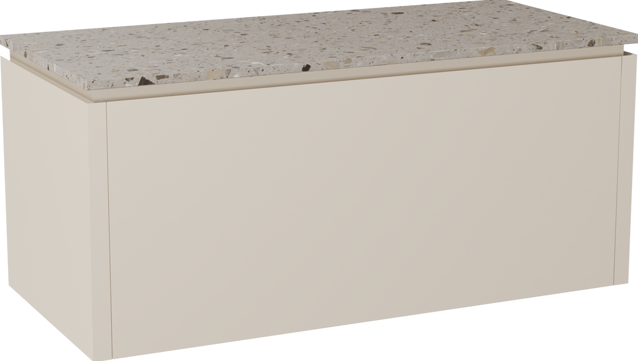 Balmani Eclips hängendes Möbelstück Set: 120 x 55 cm, Sandbeige, mit Stretto Einzel- oder Doppel Waschtischplatte Greige Terrazzo