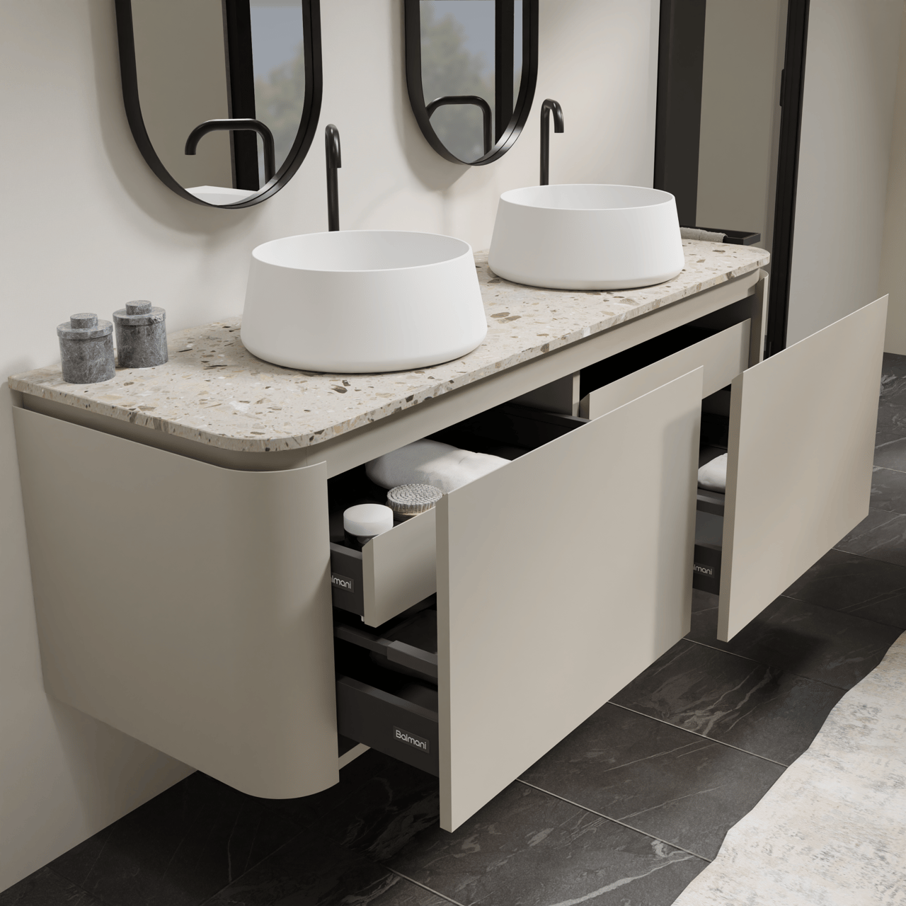 Balmani Moon hängendes Möbelstück Set: 160 x 55 cm, Seidengrau, mit Moon Einzel- oder Doppel Waschtischplatte, Terrazzo in Greige