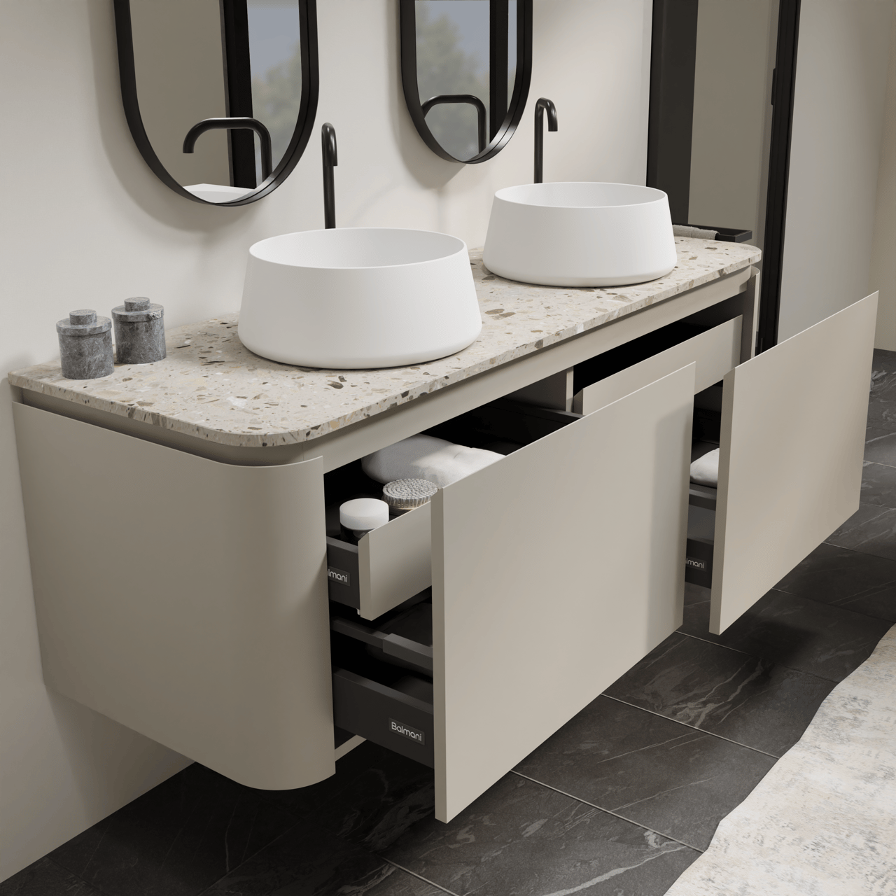 Balmani Moon hängendes Möbelstück Set: 160 x 55 cm, Seidengrau, mit Moon Einzel- oder Doppel Waschtischplatte, Terrazzo in Greige