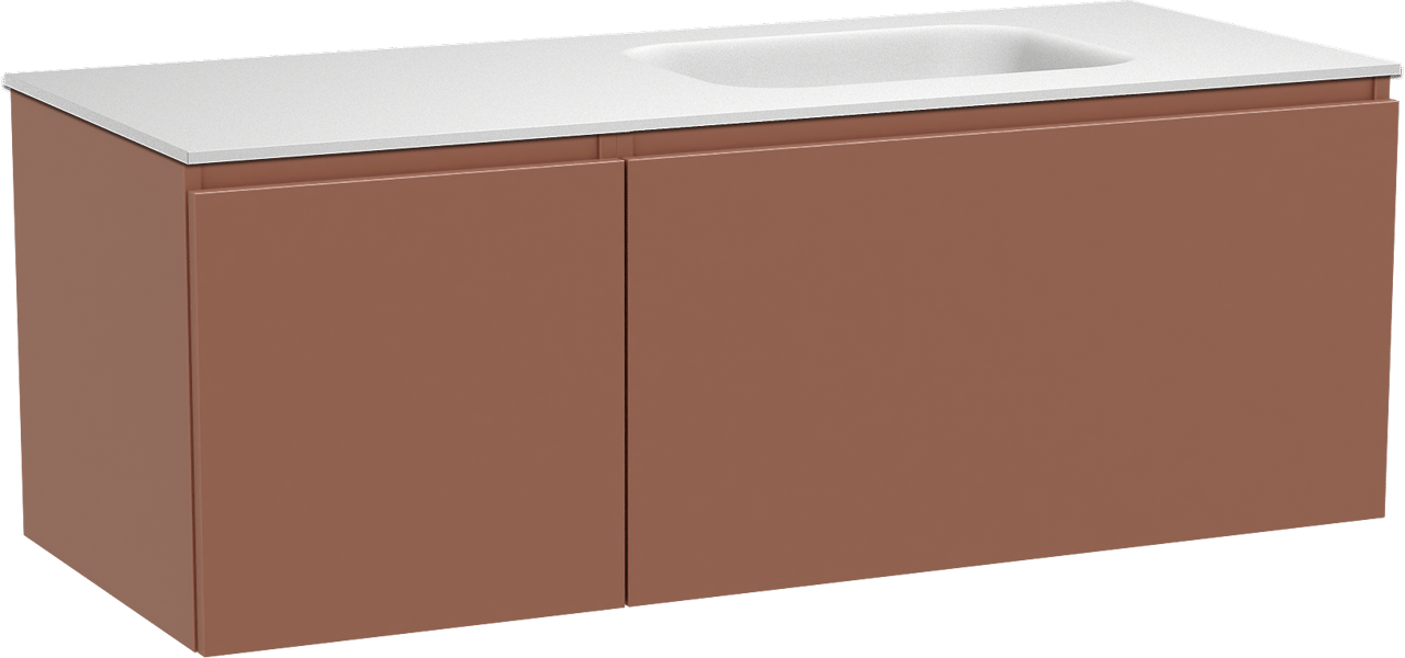 Balmani Sfera meuble salle de bains suspendu 135 x 55 cm cotto avec Tablo Arcato plan vasque asymétrique à droite en solid surface blanc mat