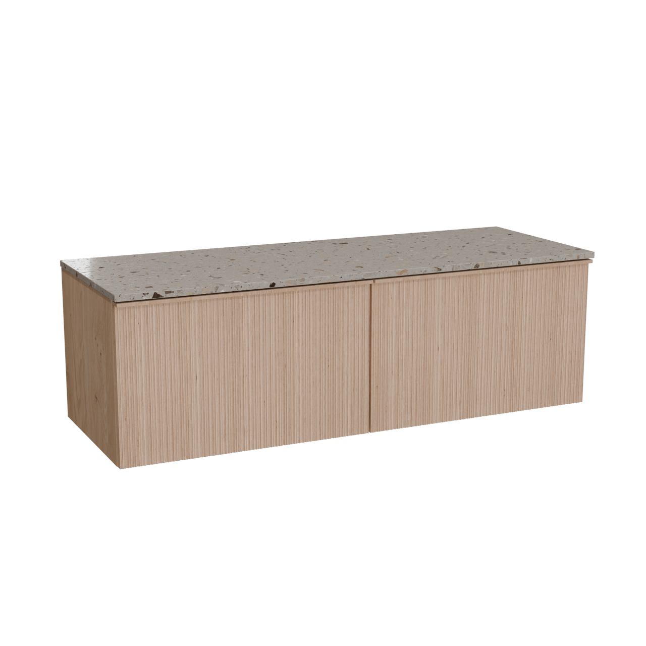 Balmani Forma zwevend badkamermeubel 150 x 55 cm natuur eik met Stretto enkel of dubbel tablet in terrazzo greige terrazzo, Verticale asymmetrische ronde ribbel