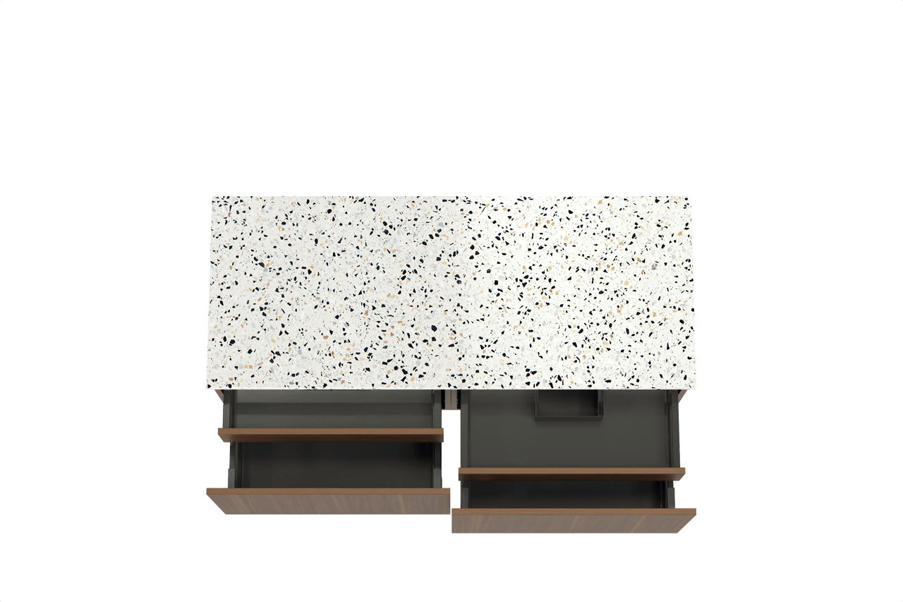 Balmani Sfera zwevend badkamermeubel 135 x 55 cm amerikaanse notelaar met Stretto enkel of dubbel tablet in mat wit/zwart terrazzo