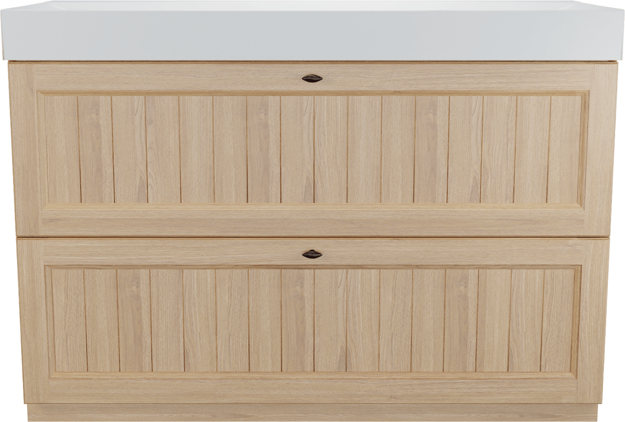 Balmani Lemon staand badkamermeubel 135 x 55 cm, fineer natuur eik met Wave enkele wastafel voor 2 kraangaten in mat wit