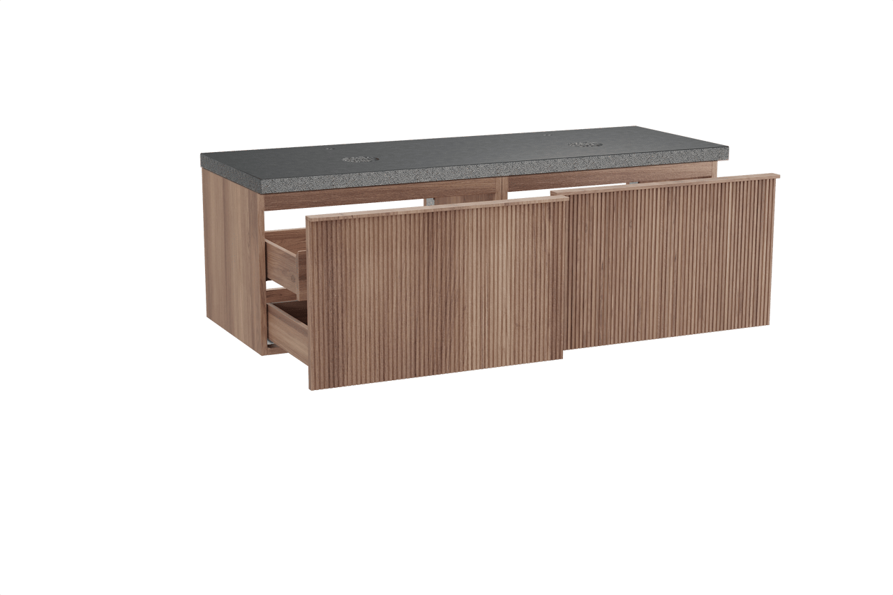 Balmani Forma hängendes Möbelstück Set: 150 x 55 cm, Teak, mit Rock Doppel Waschtischplatte, Granit, Schwarzes Granit, Vertikale symmetrische gerade Rippe