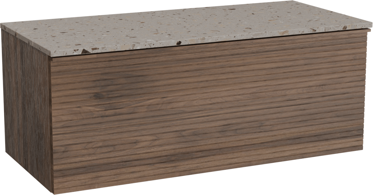 Balmani Forma hängendes Möbelstück Set: 120 x 55 cm, Amerikanischer Nussbaum, mit Stretto Einzel- oder Doppel Waschtischplatte, Terrazzo in Greige, Horizontale symmetrische gerade Rippe