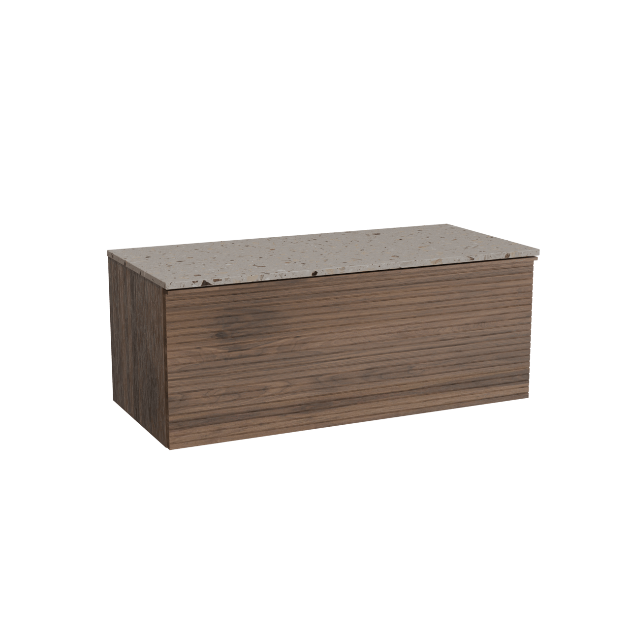 Balmani Forma hängendes Möbelstück Set: 120 x 55 cm, Amerikanischer Nussbaum, mit Stretto Einzel- oder Doppel Waschtischplatte, Terrazzo in Greige, Horizontale symmetrische gerade Rippe