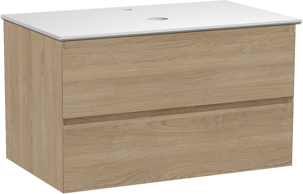 Balmani Mitra zwevend badmeubel 90 x 55 cm naturel eiken met Facetta enkel wastafelblad in solid surface mat wit