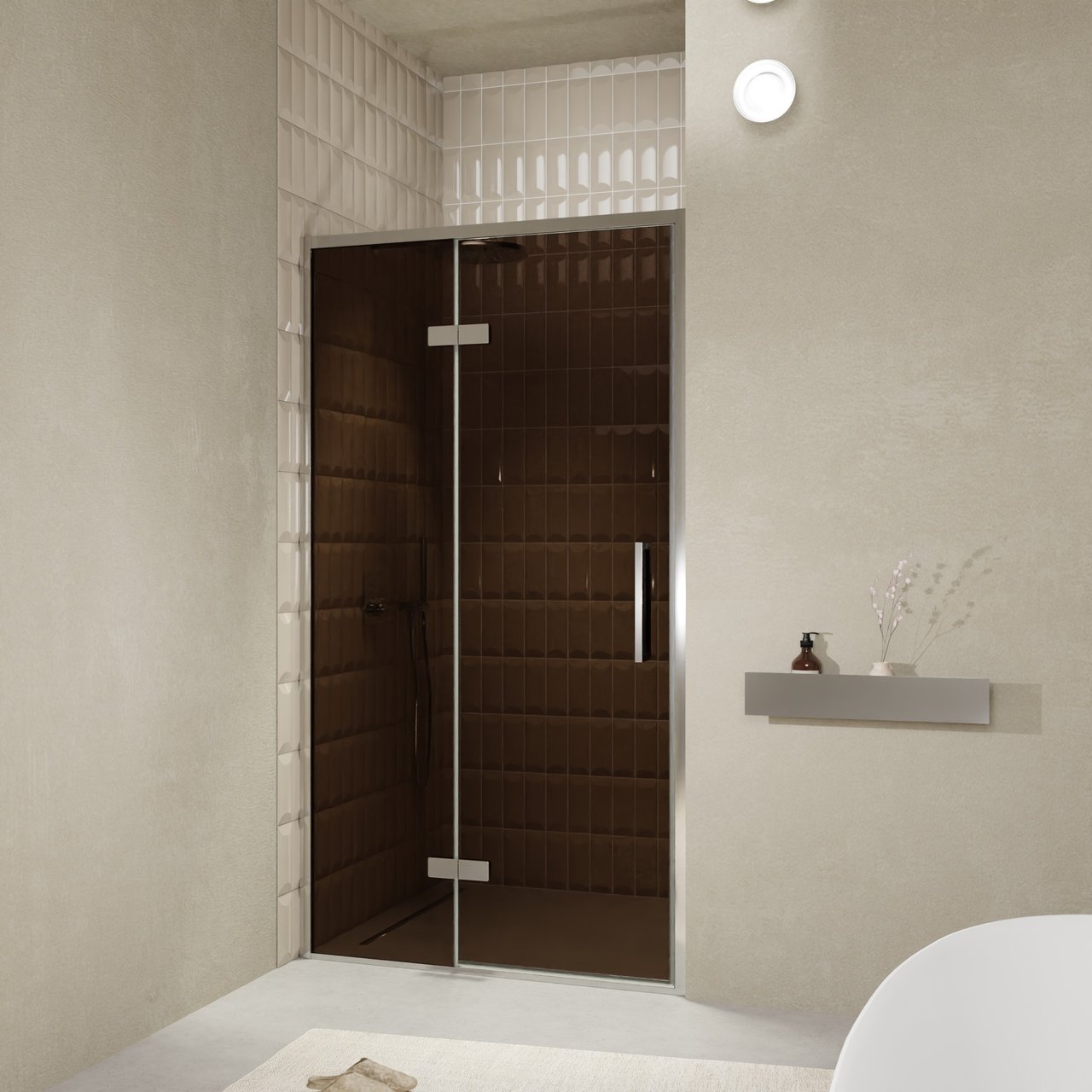 Balmani Senses Design Dusche Drehtür, Links, 120 cm x 210 cm, Bronze, Profil Chrom