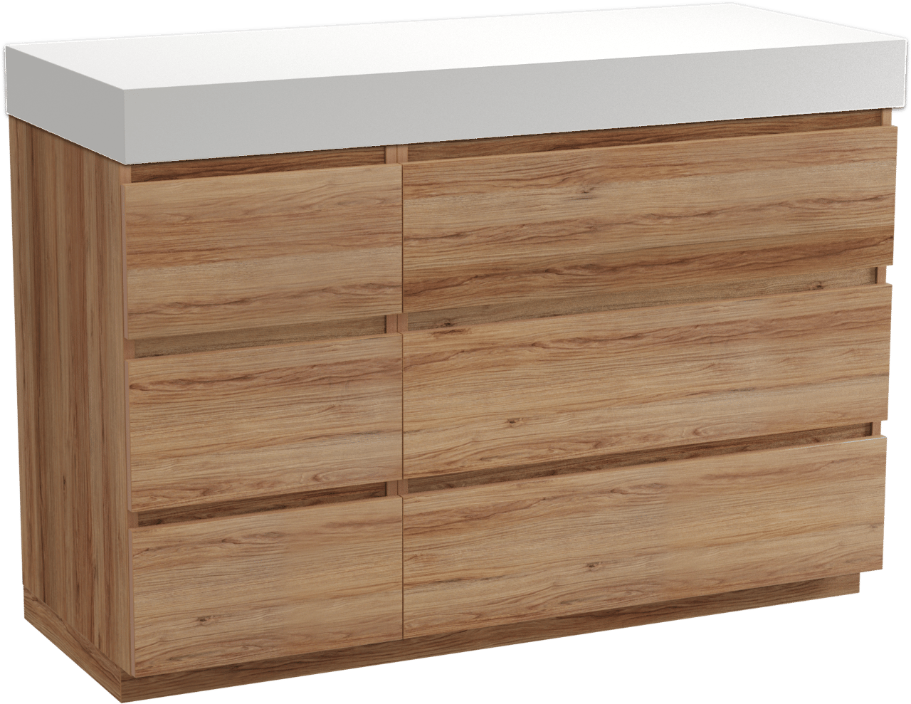 Balmani Lucida freistehendes Möbelstück Set: 135 x 55 cm, Teak, mit Dominus Einzel- oder Doppel Waschtischplatte, Solid Surface Weiß matt