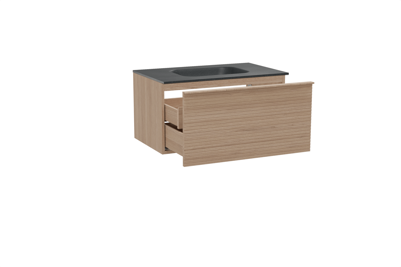 Balmani Forma hängendes Möbelstück Set: 90 x 55 cm, Naturbelassene Eiche, mit Tablo Arcato Einzelwaschtisch, Granit, Schwarzes Granit, Horizontale symmetrische gerade Rippe