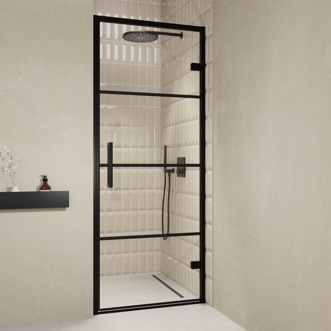 Balmani Senses Design douche draaideur rechts 90 cm x 210 cm Lined glas, Zwarte profielen