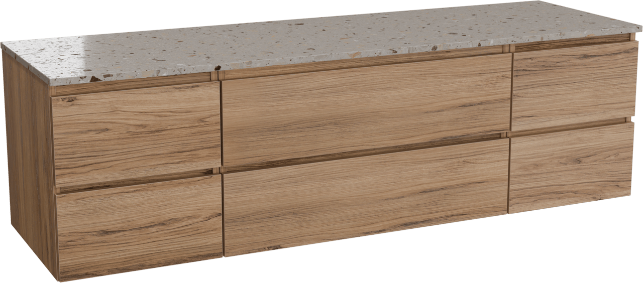 Balmani Lucida meuble salle de bains suspendu 180 x 55 cm teck avec Stretto tablette simple ou double en terrazzo greige terrazzo