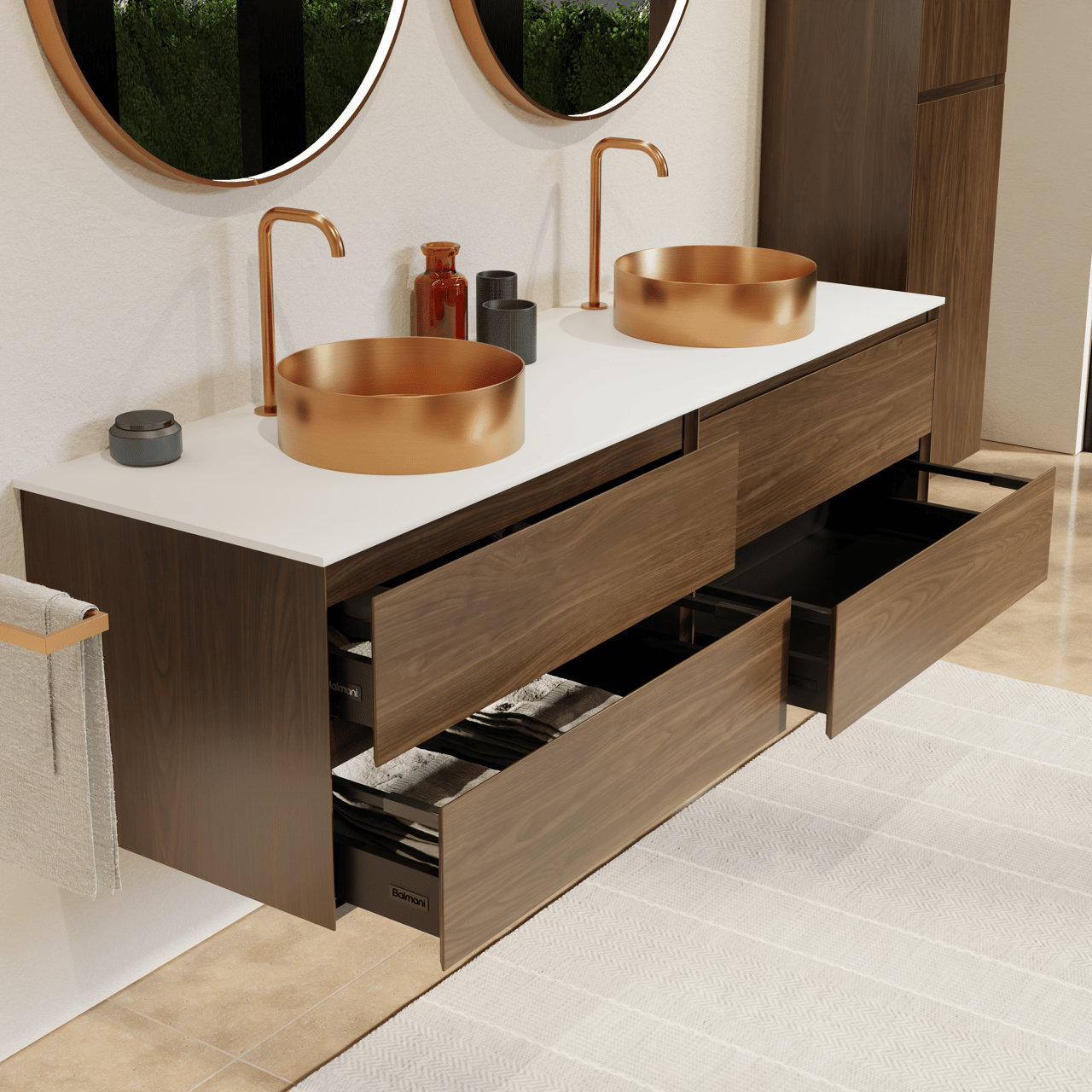 Balmani Mitra meuble salle de bains suspendu 180 x 55 cm noyer américain avec Stretto tablette simple ou double en solid surface blanc mat