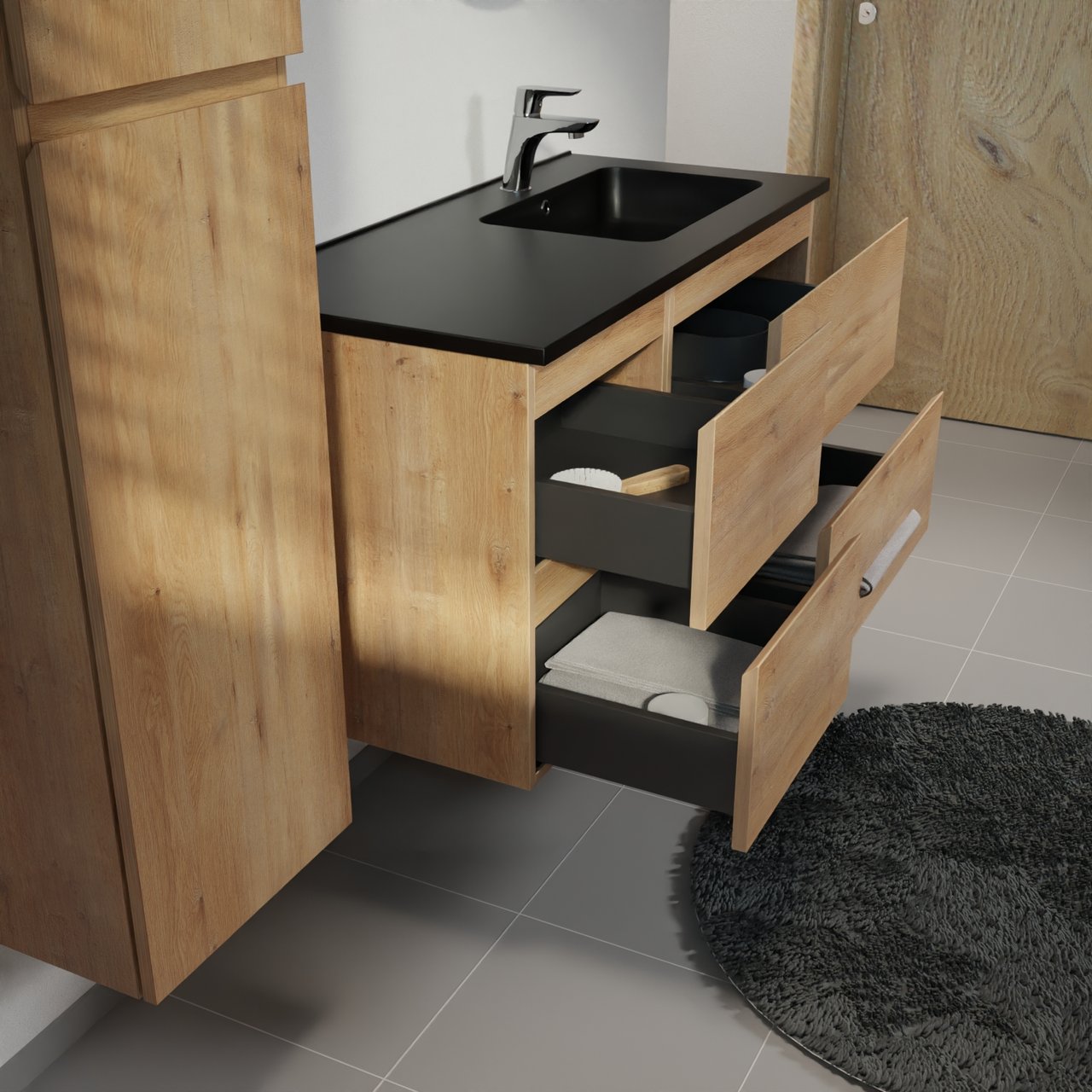 Linie Lado meuble salle de bains suspendu 100 x 46 cm chêne naturel avec Vano vasque asymétrique droite en marbre composite noir mat