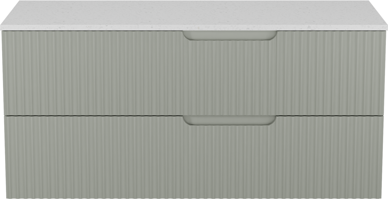 Linie Ribbo meuble salle de bains suspendu 120 x 46 cm greige avec Lado tablette simple ou double en mélaminé terrazzo blanc, Nervure circulaire symétrique verticale