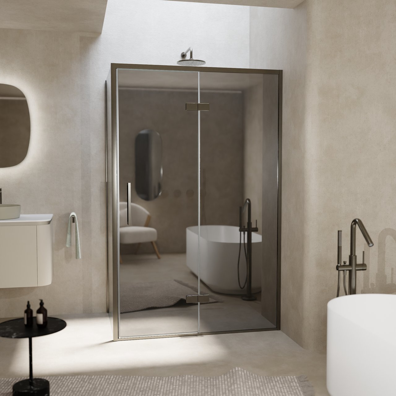 Balmani Senses Design douche en coin avec porte pivotante à droite et paroi latérale fixe, 120 x 80 cm, Miroir Reflex, Profil Brushed GunMetal