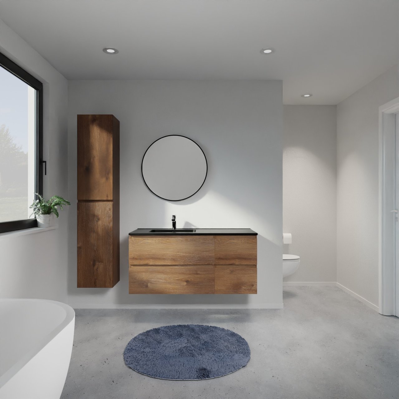 Linie Lado meuble salle de bains suspendu 120 x 46 cm chêne brun avec Vano vasque asymétrique gauche en marbre composite noir mat