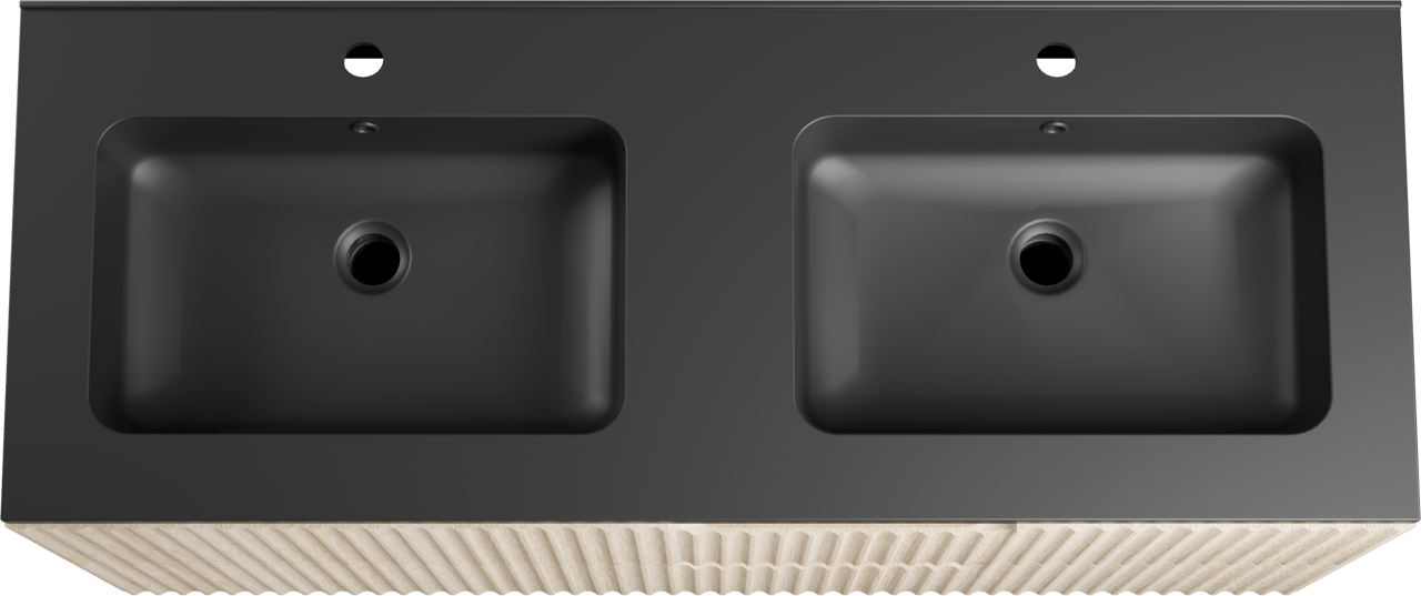 Linie Ribbo zwevend badmeubel 120 x 46 cm licht eiken met Vano dubbele wastafel in composietmarmer mat zwart, Verticale symmetrische ronde ribbel