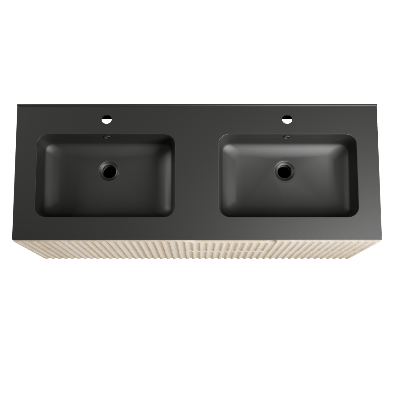 Linie Ribbo hängendes Möbelstück Set: 120 x 46 cm, Helle Eiche, mit Vano Doppelwaschtisch, Marmorkomposit, Schwarz matt, Vertikale symmetrische runde Rippe