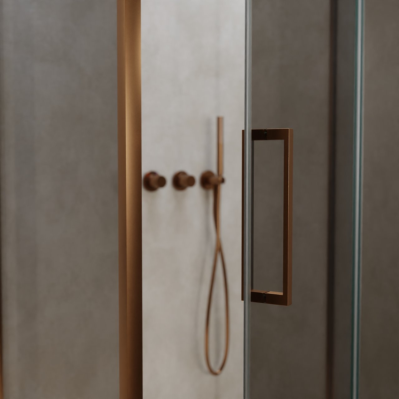 Balmani Senses Design douche en coin avec porte pivotante à droite et paroi latérale fixe, 100 x 100 cm, Miroir Reflex, Profil Brushed Rosegold, coating inclus