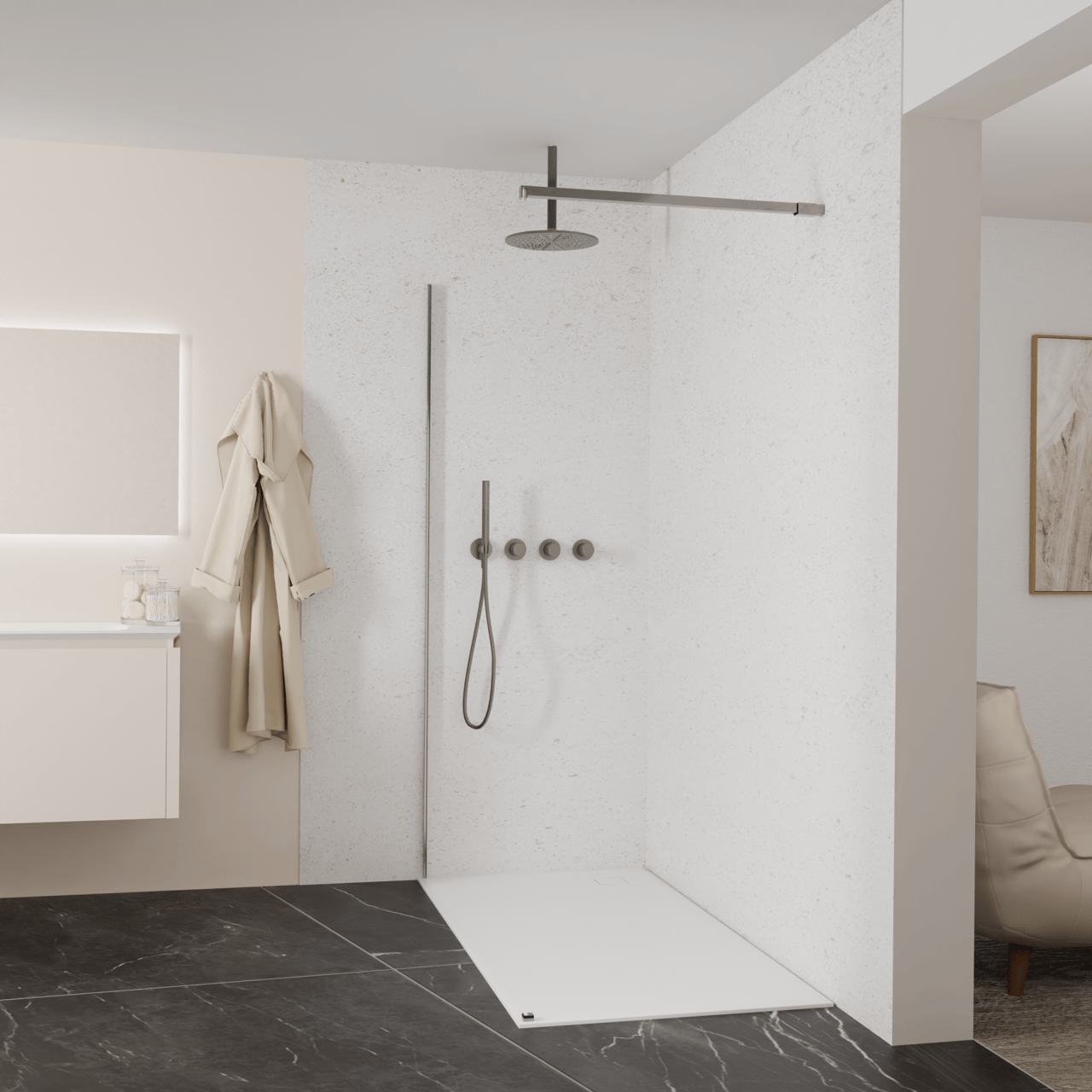 Balmani Modular Walk-In Dusche: 160 x 200 cm, Klarglas, inklusive Coating, Profil Brushed GunMetal