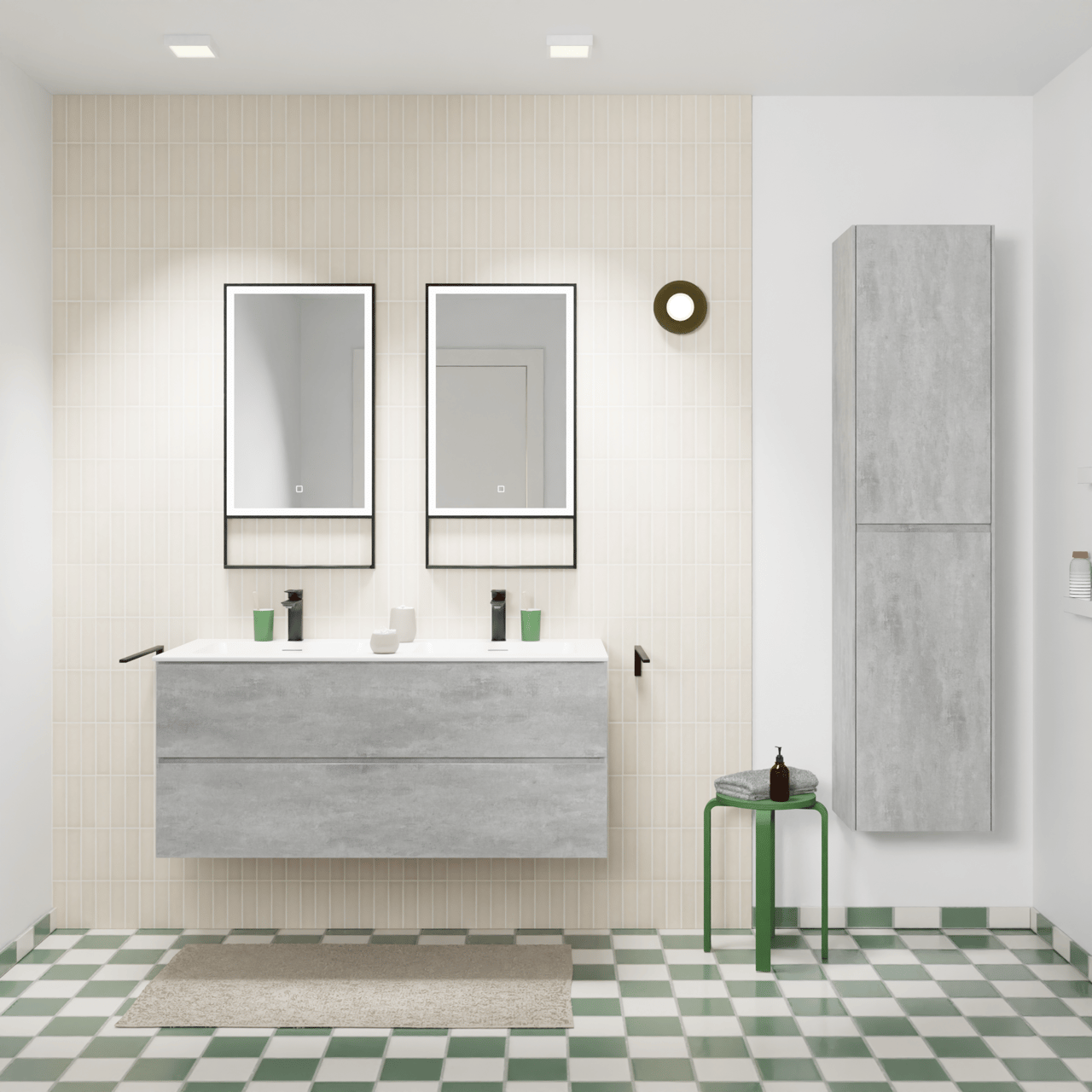 Storke Edge meuble salle de bains suspendu 120 x 52 cm béton gris foncé avec Mata double vasque en solid surface blanc mat