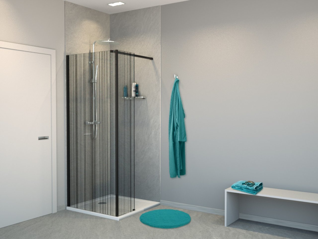 Balmani BMSS Walk-In-Dusche mit fester Seitenwand 90 x 200 cm, Strichcode schwarz Glas , Profil schwarz matt