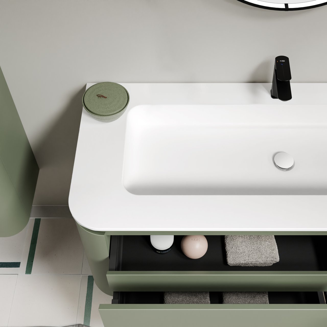 Balmani Moon zwevend badkamermeubel 130 x 55 cm saliegroen met Moon enkel of dubbel tablet in solid surface mat wit