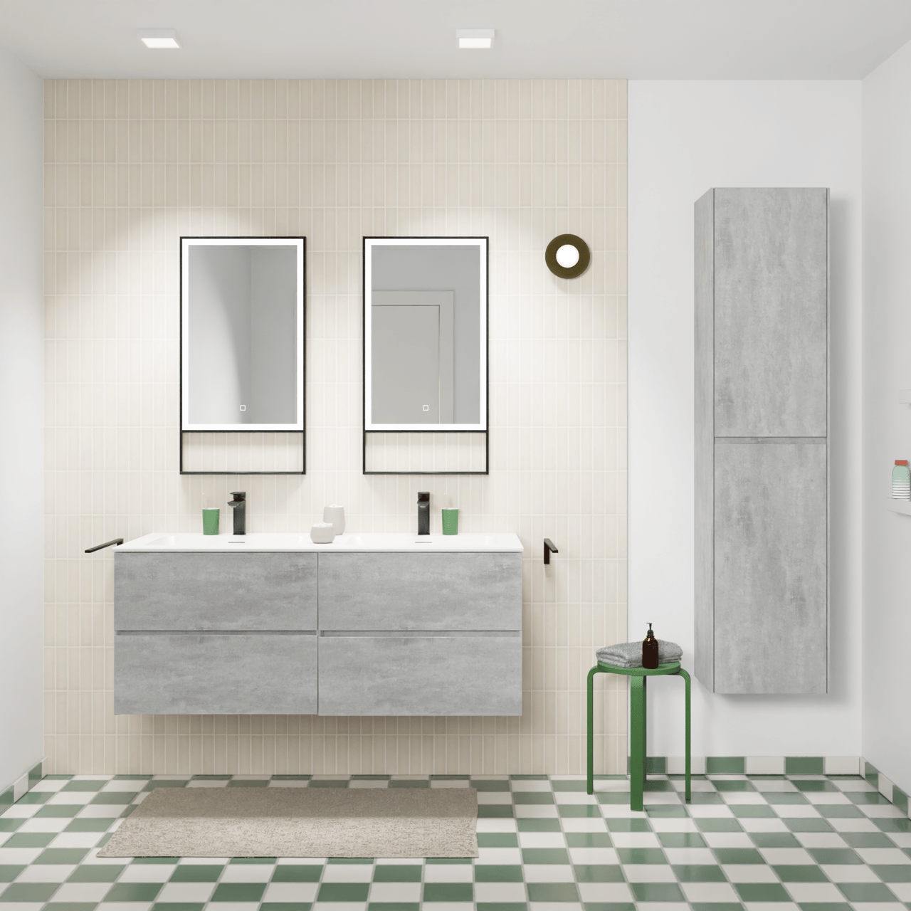 Storke Edge meuble salle de bains suspendu 130 x 52 cm béton gris foncé avec Mata double vasque en solid surface blanc mat