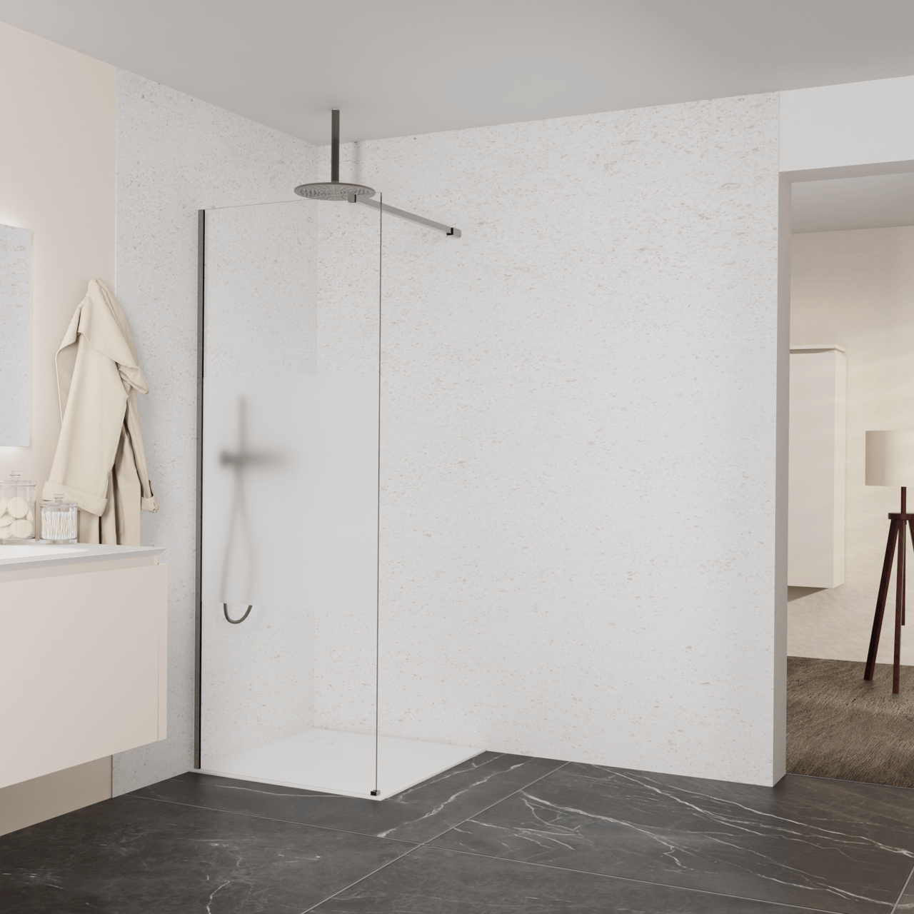 Balmani Modular douche à l'italienne: 80 x 200 cm, Verre transparent avec bande mate, Profil Brushed GunMetal