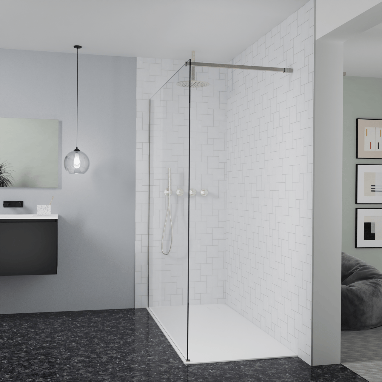Balmani Modular Walk-In Dusche: 170 x 200 cm, Klarglas, inklusive Coating, Profil Brushed CoolMetal