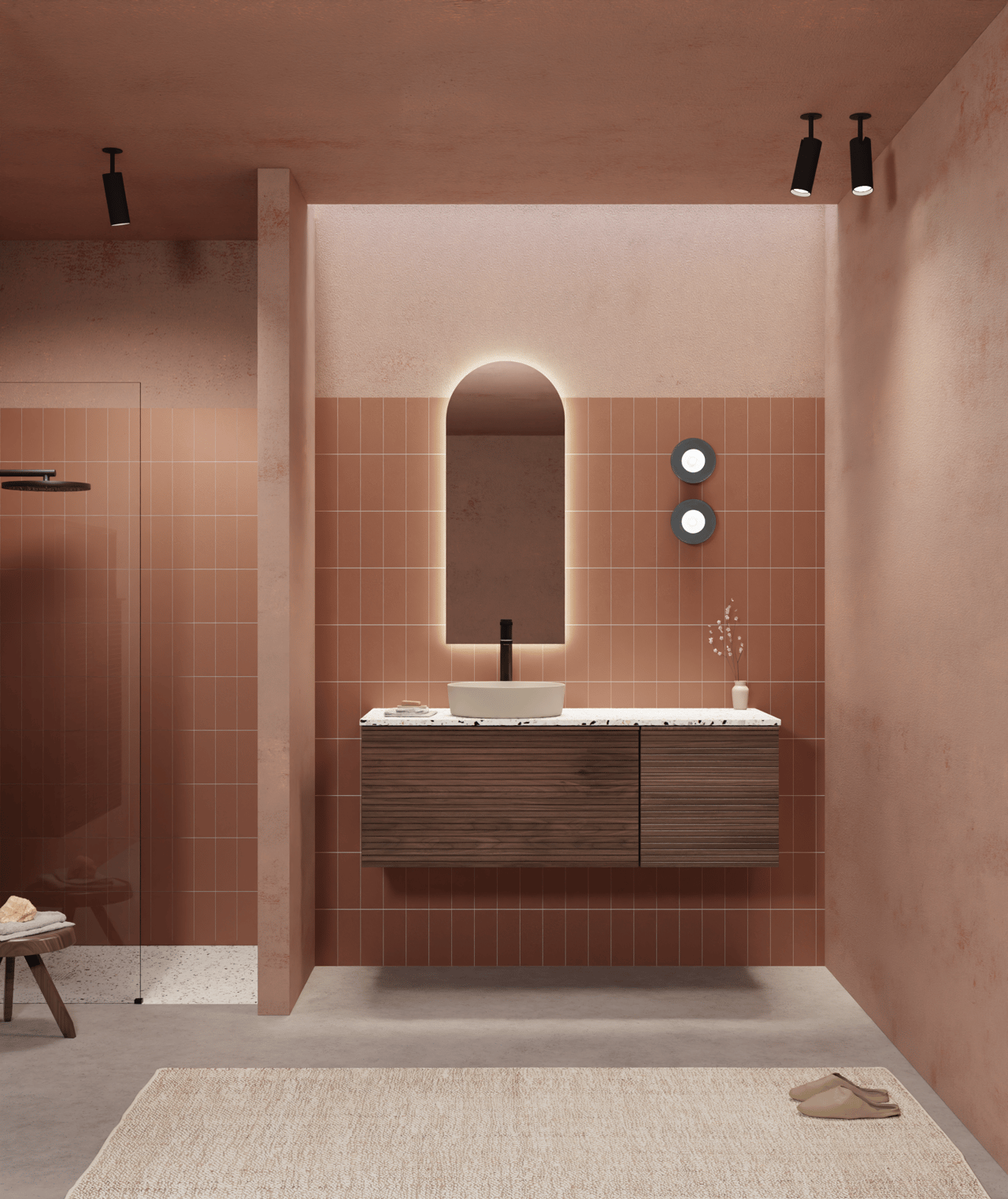 Balmani Forma hängender Waschbeckenunterschrank: horizontale Rippen, 45 x 55 cm, Amerikanischer Nussbaum, 2 Schubladen