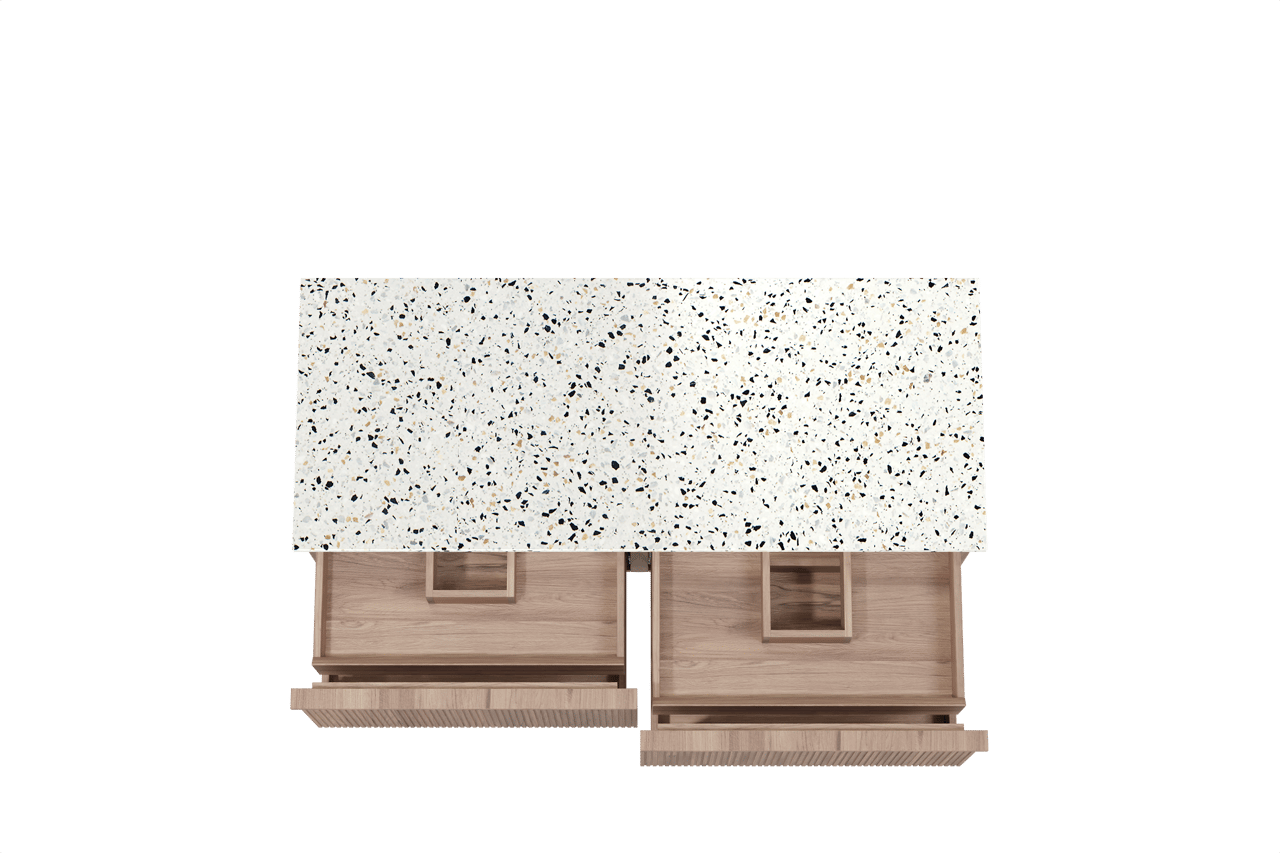 Balmani Forma zwevend badkamermeubel 135 x 55 cm teak met Stretto enkel of dubbel tablet in mat wit/zwart terrazzo, Verticale symmetrische rechte ribbel