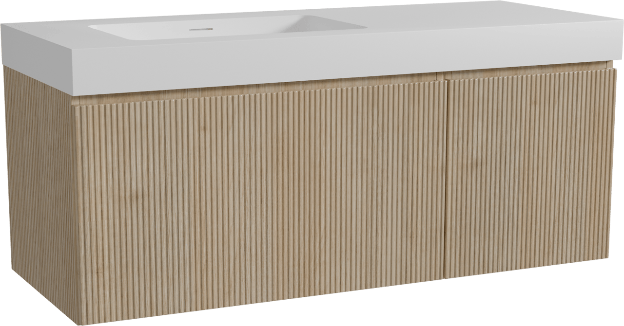 Storke Ribs hängendes Möbelstück Set: 130 x 52 cm, Rohe Eiche, mit Mata High Waschtisch links, Solid Surface, Weiß matt, Vertikale symmetrische gerade Rippe
