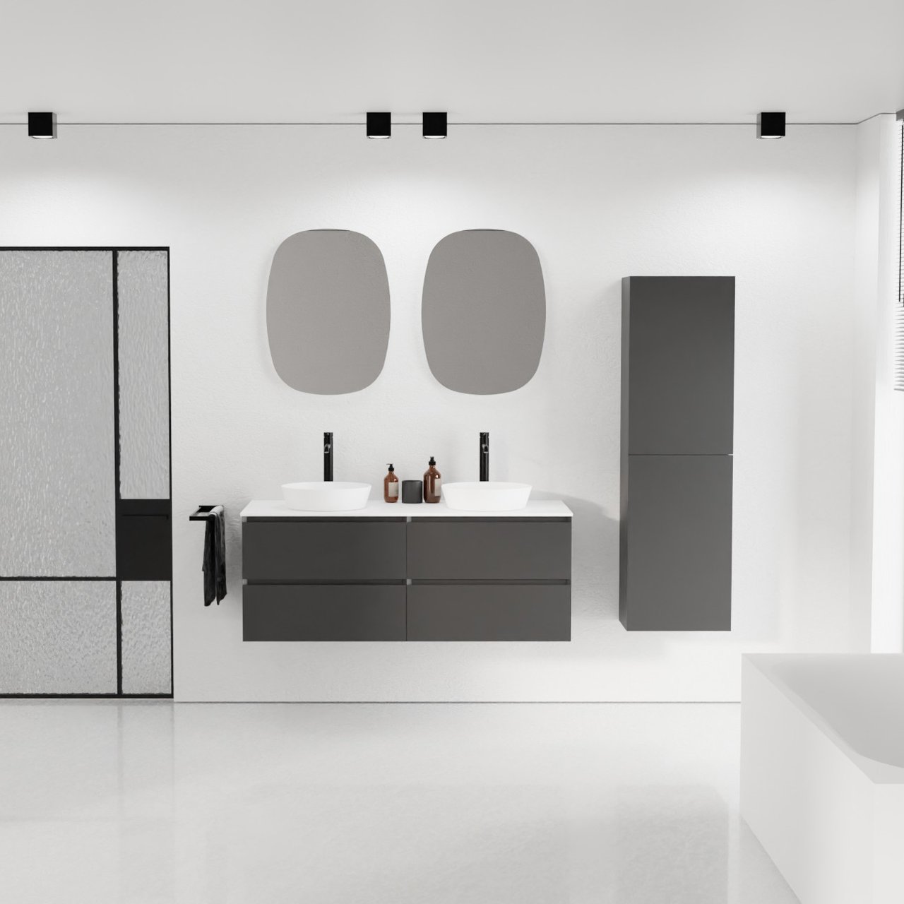 Balmani Mitra hängendes Möbelstück Set: 135 x 55 cm, Schwarz matt, mit Stretto Einzel- oder Doppel Waschtischplatte, Solid Surface Weiß matt
