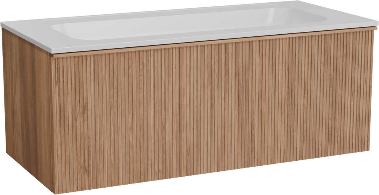 Balmani Forma zwevend badkamermeubel 120 x 55 cm teak met Tablo Strada enkele wastafel in composietmarmer mat wit, Verticale symmetrische rechte ribbel