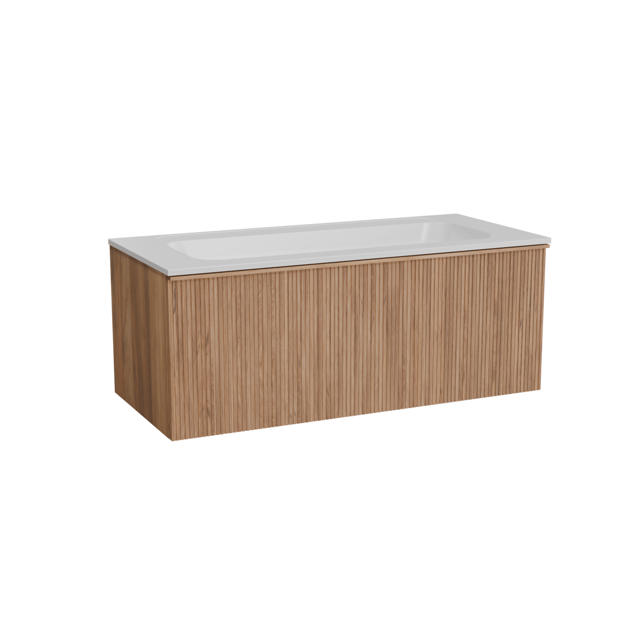 Balmani Forma hängendes Möbelstück Set: 120 x 55 cm, Teak, mit Tablo Strada Einzelwaschtisch, Marmorkomposit, Weiß matt, Vertikale symmetrische gerade Rippe