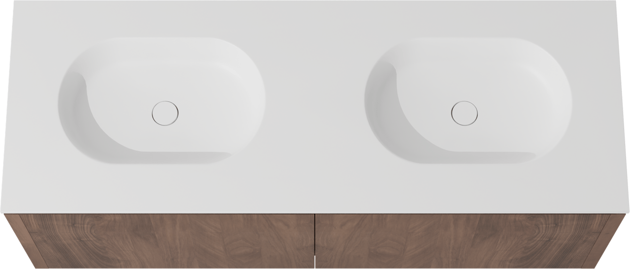 Balmani Eclips meuble salle de bains suspendu 150 x 55 cm Noyer américain avec Tablo Oval double vasque en Solid Surface blanc mat