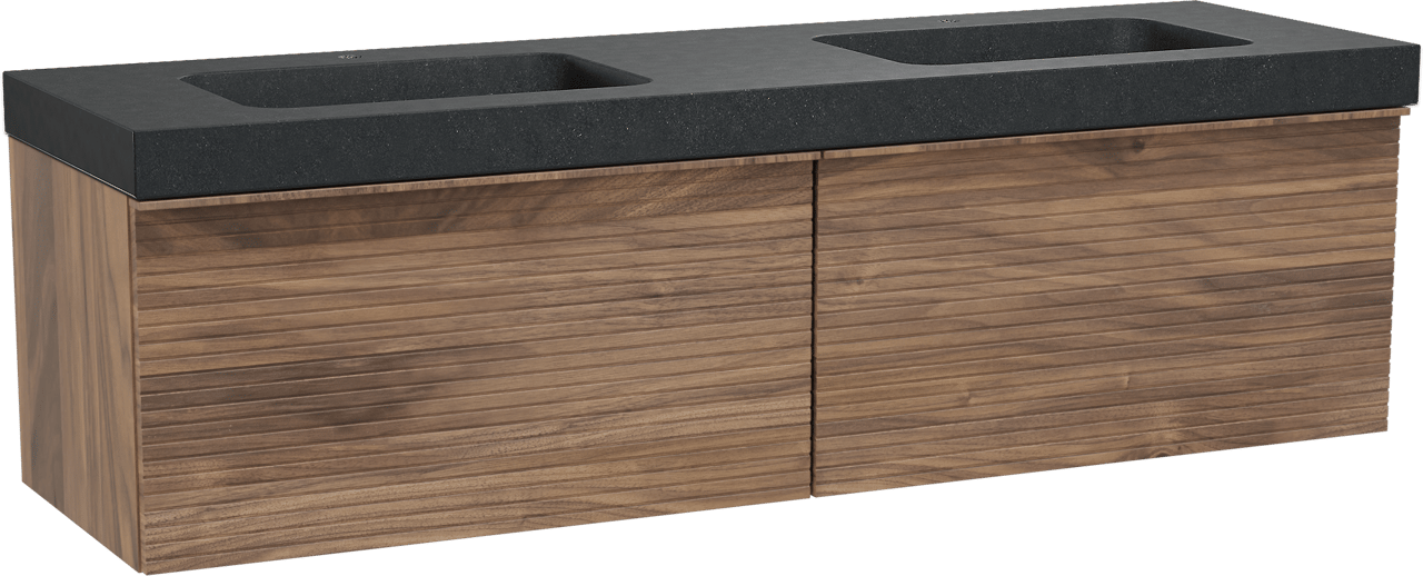 Balmani Forma meuble salle de bains suspendu 180 x 55 cm noyer américain avec Napoli double vasque en granit noir, Nervure droite symétrique horizontale