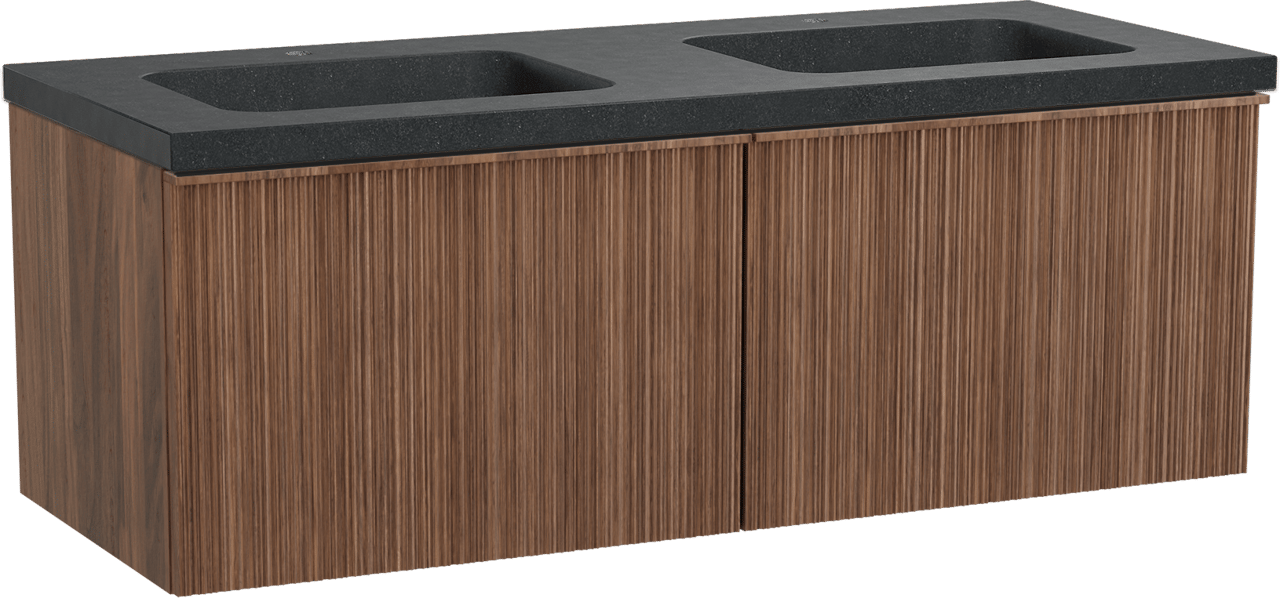 Balmani Forma hängendes Möbelstück Set: 135 x 55 cm, Amerikanischer Nussbaum, mit Napoli Doppelwaschtisch, Granit, Schwarzes Granit, Vertikale asymmetrische Runde Rippe