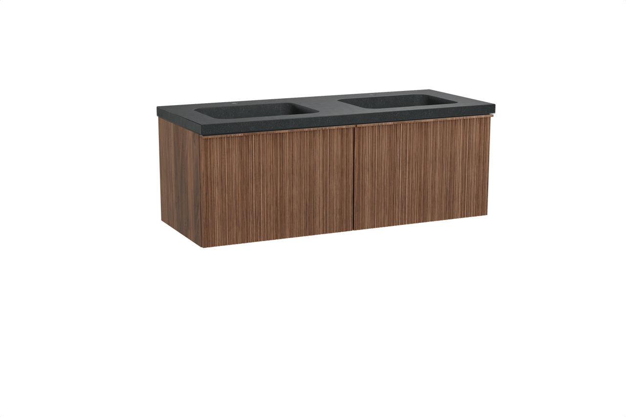 Balmani Forma hängendes Möbelstück Set: 135 x 55 cm, Amerikanischer Nussbaum, mit Napoli Doppelwaschtisch, Granit, Schwarzes Granit, Vertikale asymmetrische Runde Rippe