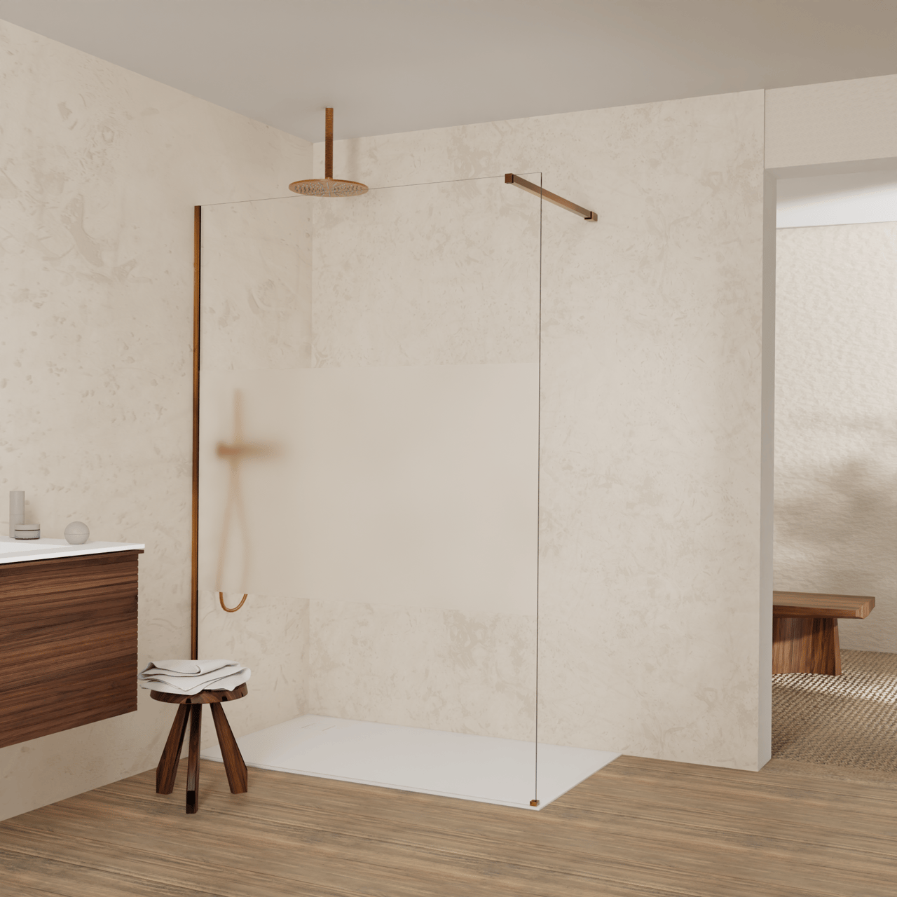 Balmani Modular douche à l'italienne: 140 x 200 cm, Verre transparent avec bande mate, Profil Brushed Rosegold