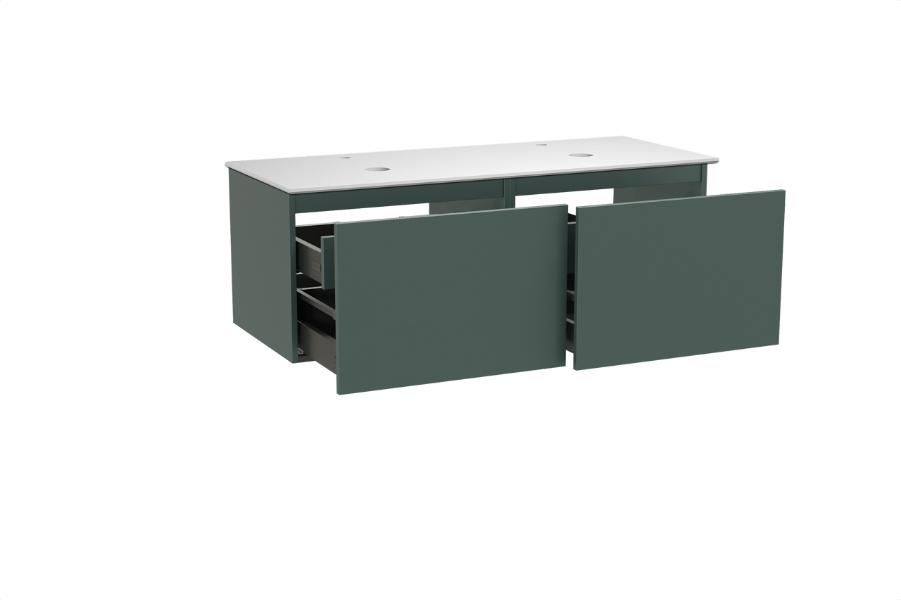 Balmani Sfera meuble salle de bains suspendu 135 x 55 cm forest avec Facetta tablette double en solid surface blanc mat