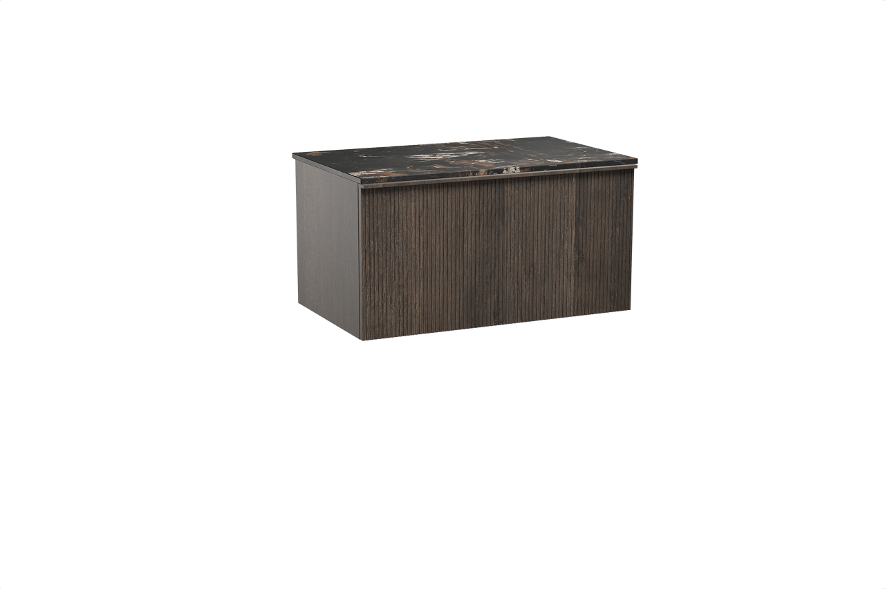 Balmani Forma hängendes Möbelstück Set: 90 x 55 cm, Geräucherte Eiche, mit Stretto Einzel Waschtischplatte, Marmor, Portoro Gold, Vertikale symmetrische gerade Rippe