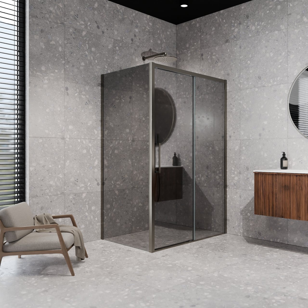 Balmani Senses Design douche d'angle avec porte coulissante à droite et paroi latérale fixe, 120 x 80 cm, Verre miroir reflex, Profil Brushed GunMetal, coating inclus