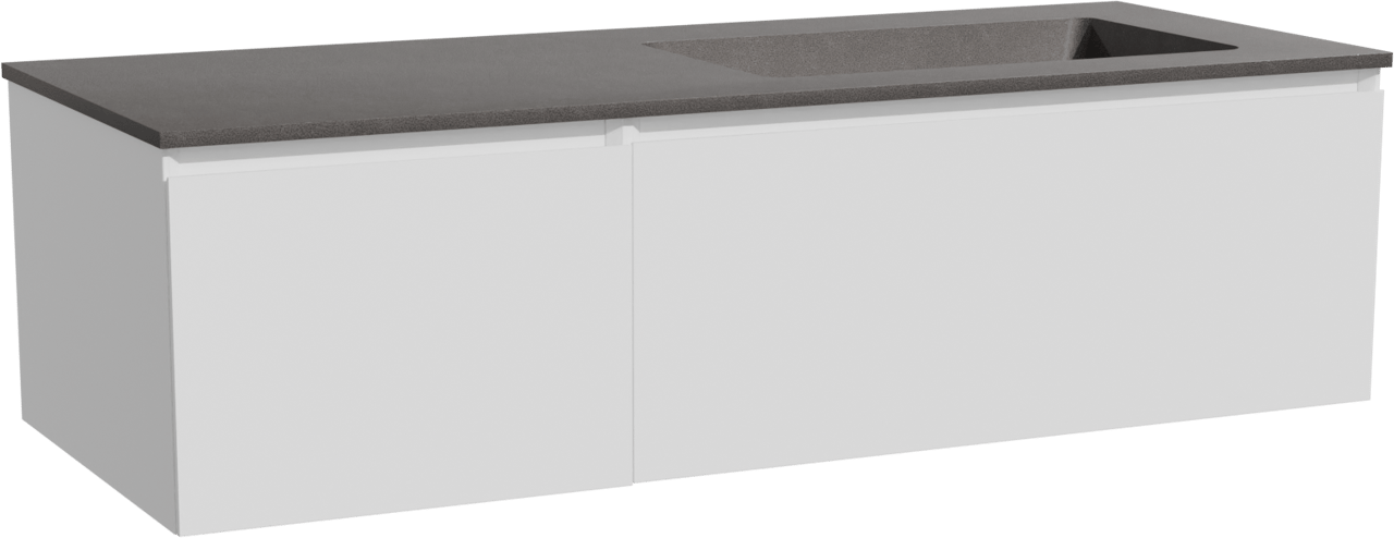 Storke Edge zwevend badmeubel 130 x 52 cm mat wit met Scuro asymmetrisch rechtse wastafel in kwarts mat zwart
