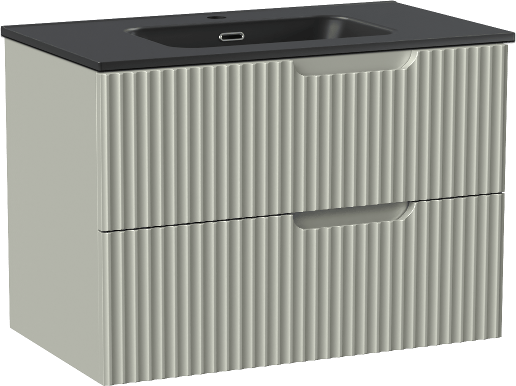 Linie Ribbo zwevend badmeubel 80 x 46 cm greige met Baro enkele wastafel in porselein mat zwart, Verticale symmetrische ronde ribbel