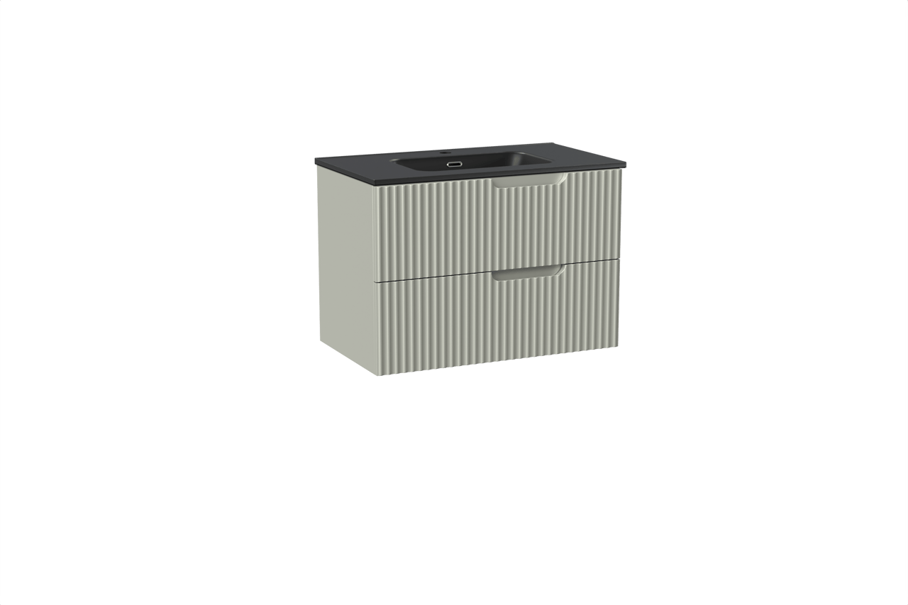 Linie Ribbo hängendes Möbelstück Set: 80 x 46 cm, Greige, mit Baro Einzelwaschtisch, Porzellan, Schwarz matt, Vertikale symmetrische runde Rippe